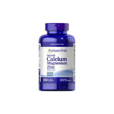 Puritan's Pride Chelated Calcium Magnesium Zinc supplement offers 250 coated caplets in a blue bottle, formulated as a vegetarian dietary solution abundant in zinc.
